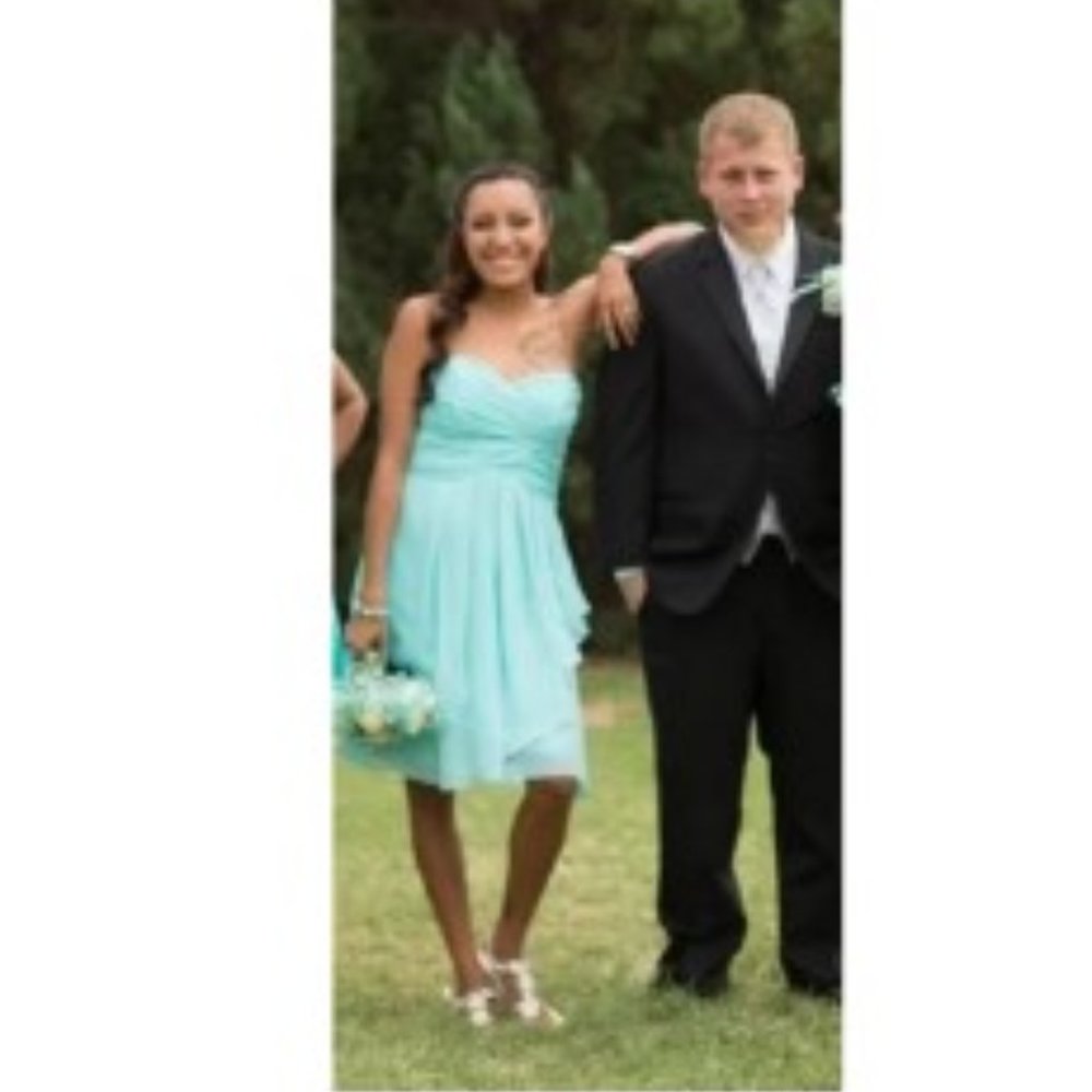 David's Bridal 16 Spa Strapless Crinkle Chiffon Formal Dress Plus in Fresh Aqua